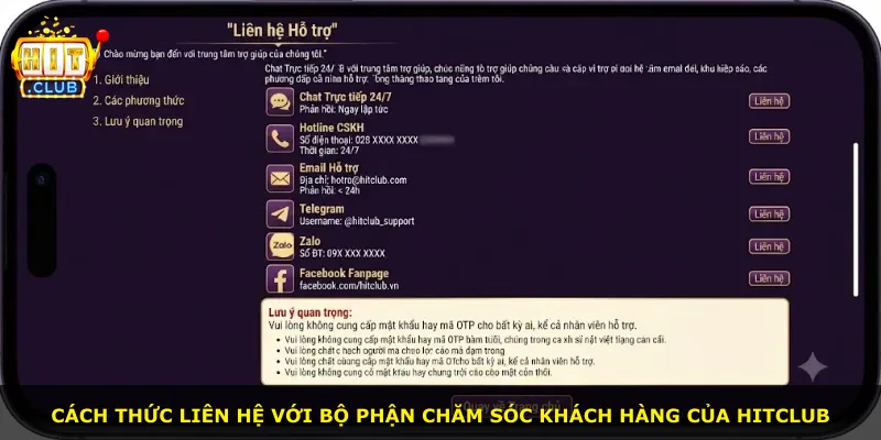 Cách thức liên hệ với bộ phận chăm sóc khách hàng của Hitclub